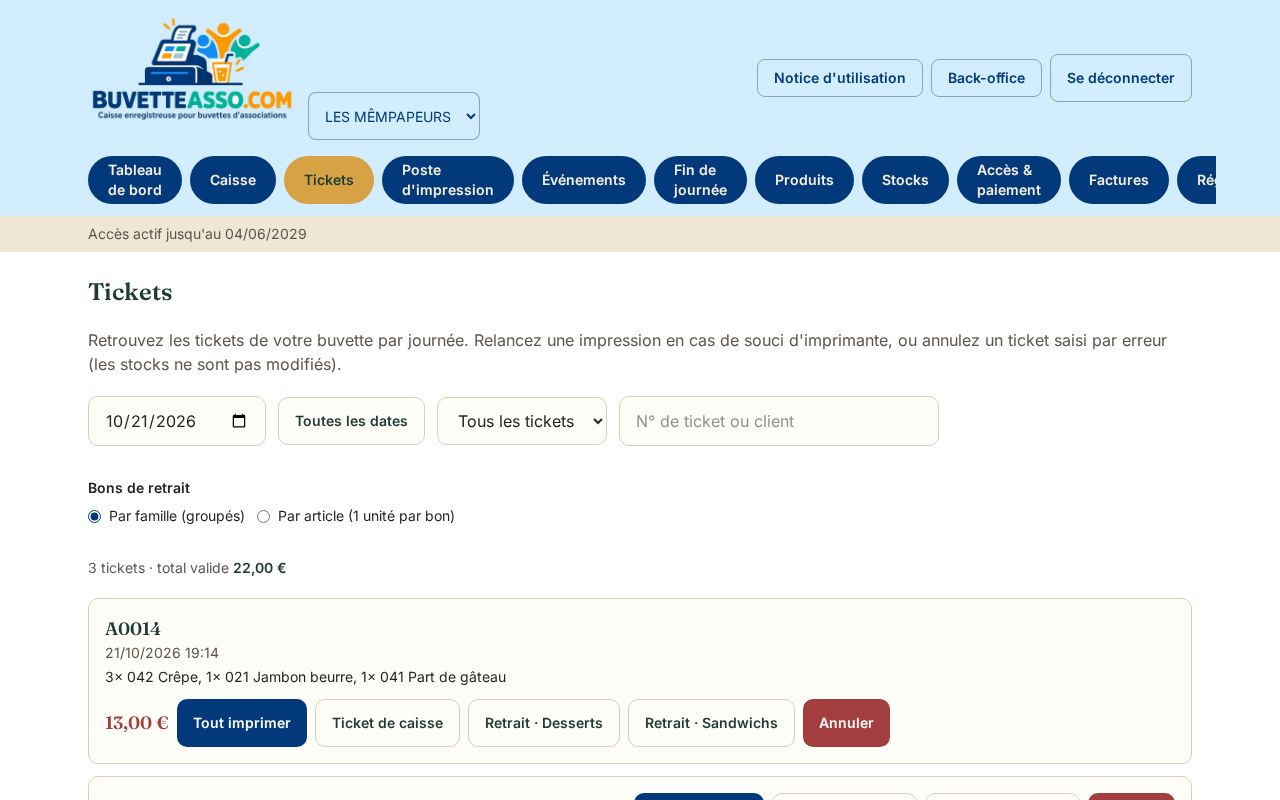 L'onglet Tickets : recherche par jour et boutons d'action sur chaque ticket.